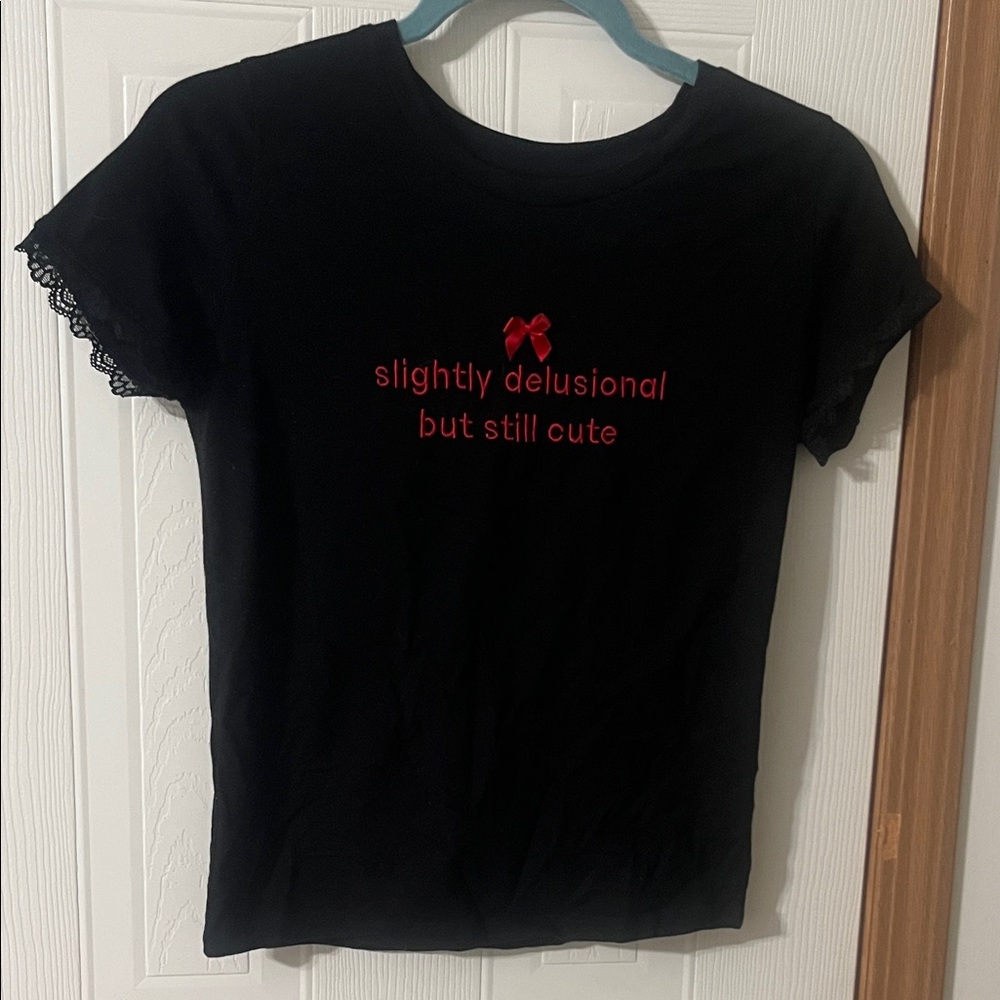 Black Short Sleeve Tee with Red Embroidery